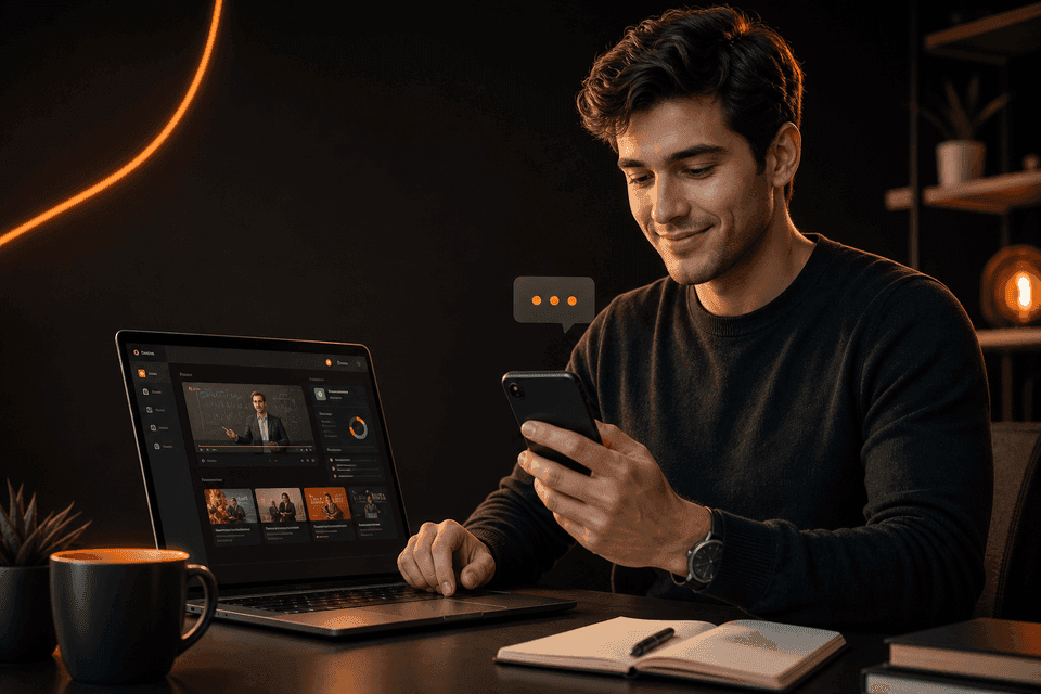 Student exploring courses on a laptop with a support message on phone